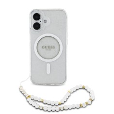 Husa iPhone 16 originala Guess IML Glitter with Pearl Strap MagSafe, transparenta, GUHMP16SHGCRELST foto