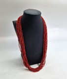 Colier multistrat de margele mici din Coral Mediteranean _ rosu incgis _ 10 x 56 cm