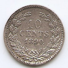 Olanda 10 Cents 1890 - Willem III, Argint 1.4 g/640, 15 mm KM-80
