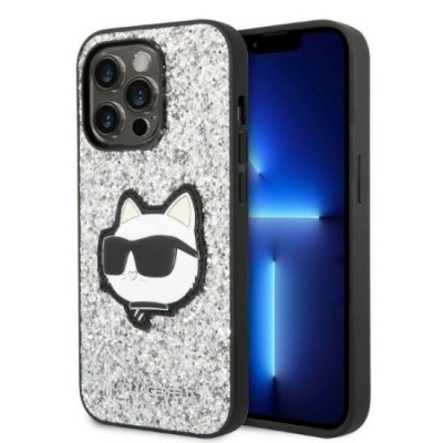 Husa pentru iPhone 14 Pro Max - Karl Lagerfeld Hardcase Glitter (KLHCP14XG2CPS) - Silver Choupette Patch foto