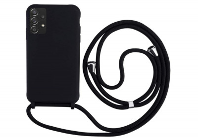 Husa din silicon pentru telefon cu snur prindere la gat MEVIS pentru Samsung Galaxy A32 4G, negru - SECOND foto