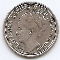 Olanda 10 Cents 1927 - Wilhelmina, Argint 1.4 g/640, 15 mm KM-163