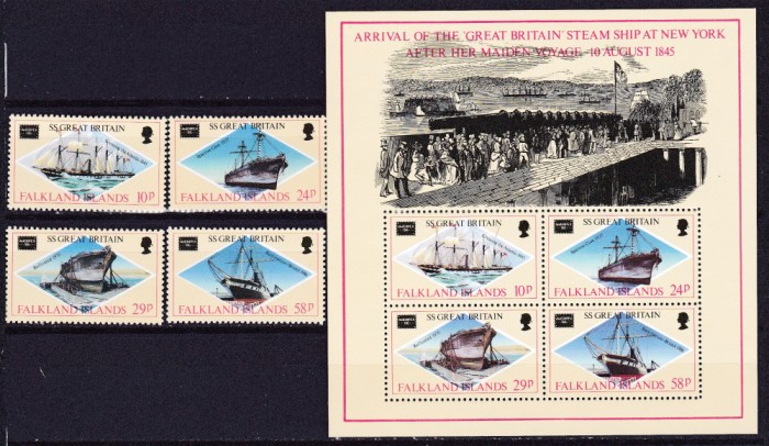 DB1 Ins. Falkland 1986 Ameripex SS Great Britain Vapor 4 v. + SS MNH