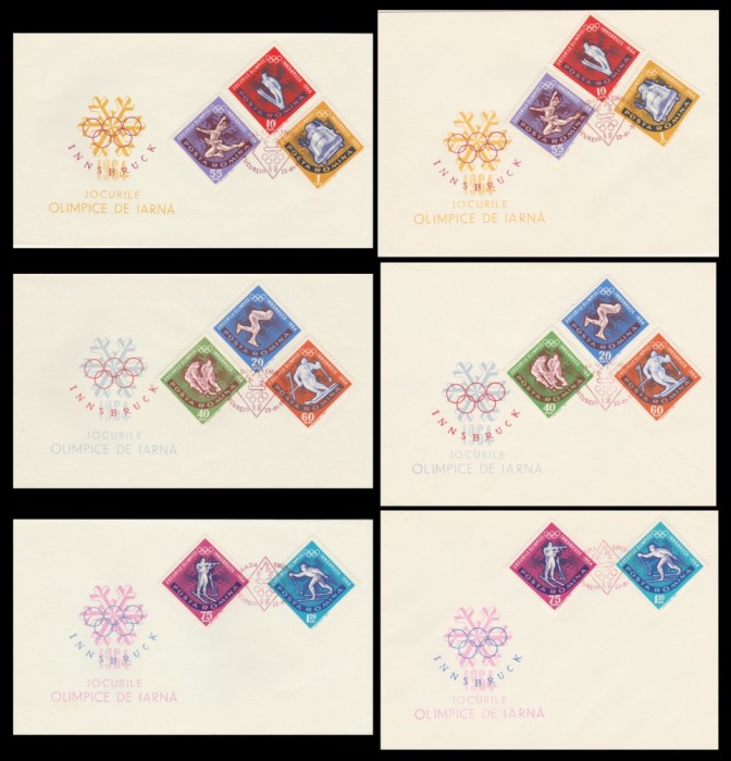1963 Romania - 6 FDC J.O. Innsbruck (dantelate), varietati latime plicuri, LP 571