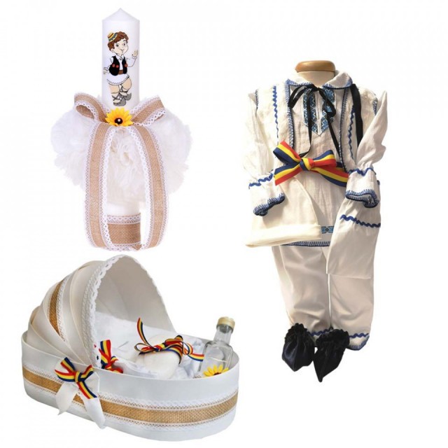 Set botez traditional baietel, trusou botez landou, lumanare si costum national