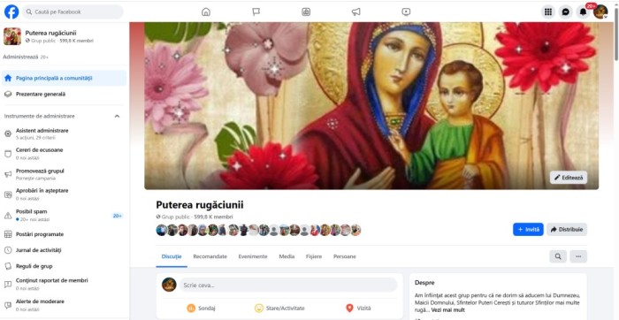 Grup Facebook activ &ndash; 600.000 membri, nișă religie/spiritualitate