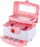 Trusă Machiaj Copii Roz cu Rujuri, Pudră Sclipici, Lac Solubil, 5 Pensule, Fard 12 Culori, Oglindă, 2 Surprize, 3 ani+
