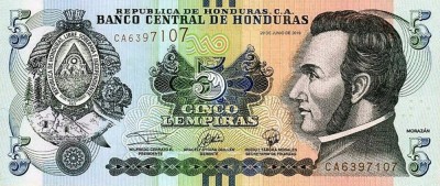 HONDURAS █ bancnota █ 5 Lempiras █ 2019 █ P-98d █ UNC █ necirculata foto