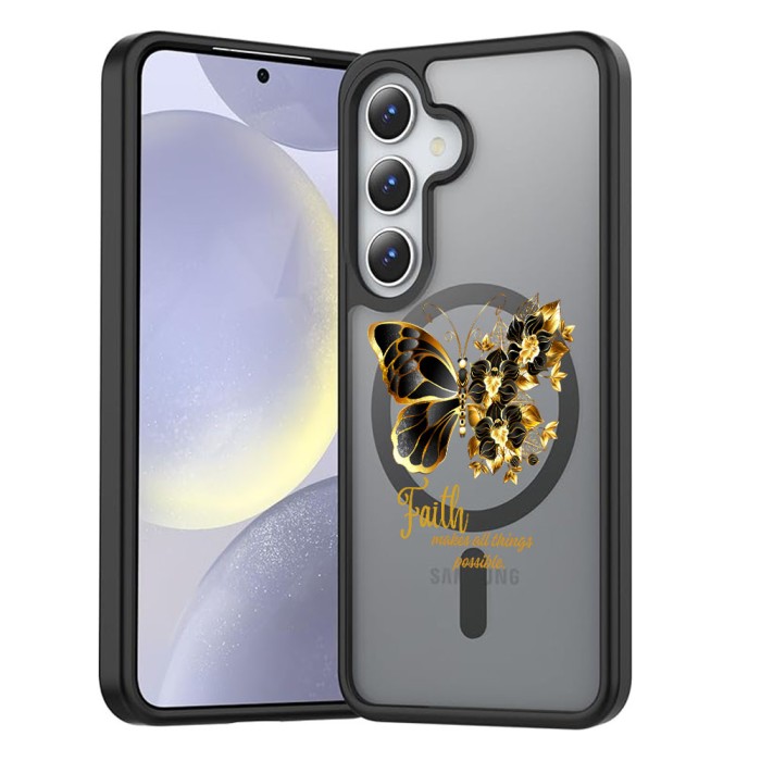 Hus&Auml; magsafe anti&Egrave;oc pentru samsung galaxy s25 &acirc; design butterfly quote, protec&Egrave;ie 360&Acirc;&deg;, faith, negru mat