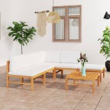 Cumpara ieftin Set mobilier grădină cu perne crem, 6 piese, lemn masiv de tec