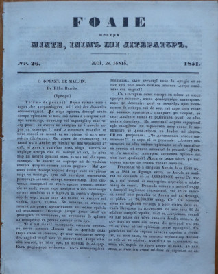 Foaia pentru minte , inima si literatura , nr. 26 , 1851 , Brasov , Muresanu foto