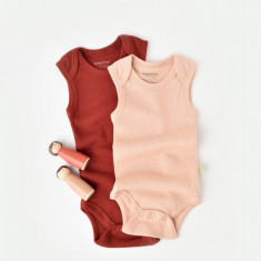 Set 2 body-uri fara maneci bebe unisex din bumbac organic si modal - Caramiziu/Somon, BabyCosy (Marime: 18-24 Luni)