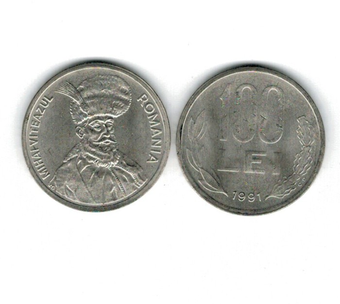 Romania 1991 - 100 lei, varianta rara cu 9 scris rotunjit, 2buc ambele tipuri de scris pe muchie