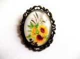 Brosa Floarea Soarelui Sticla, 50mm, Cadou Femei, Bijuterie Fashion cu Motiv Floral