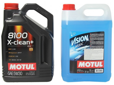 Set Ulei Motor Motul 8100 X-Clean+ 5W-30 5L 106377 + Motul Solutie Parbriz Iarna Vision Winter -20&amp;deg;C 5L 107787 foto