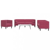 VidaXL Set canapele Chesterfield perne rulou 3 piese roșu vin catifea