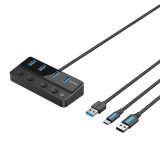HUB Vention, 5-in-1, USB 3.0 x 4 porturi, incarcare prin USB Type-C, viteza 5 Gbps, cablu 1m, conectare prin USB 3.0, intrerupatoare individuale, negr