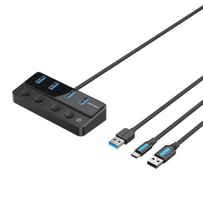 HUB Vention, 5-in-1, USB 3.0 x 4 porturi, incarcare prin USB Type-C, viteza 5 Gbps, cablu 1m, conectare prin USB 3.0, intrerupatoare individuale, negr foto