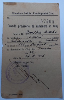 Dovada provizorie de ramanere in Cluj, 1945 foto