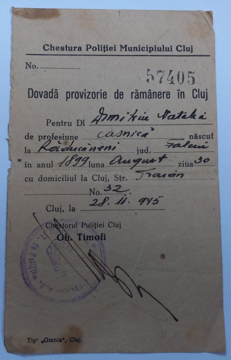 Dovada provizorie de ramanere in Cluj, 1945