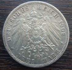 (A731) MONEDA DIN ARGINT GERMANIA, PRUSIA - 3 MARK 1908, LIT. A, WILHELM II foto