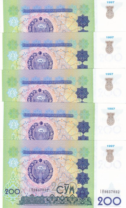 Bancnota Uzbekistan 200 Sum 1997 - P80 UNC ( pret pt. 5 bancnote consecutive )