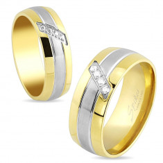 Verighetă din oțel, fâșie în culori aurii și argintii, linie diagonală din zirconii transparente, 6 mm - Marime inel: 49