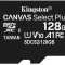 CARD MicroSD KINGSTON, 128 GB, microSDXC, clasa 10, standard UHS-I U1, &quot;SDCS2/128GBSP&quot; (timbru verde 0.03 lei)
