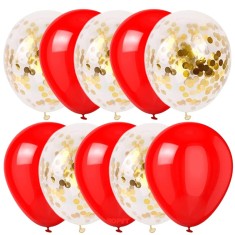 Set 10 baloane latex, confetti aurii, Rosu, 30cm, Ropet