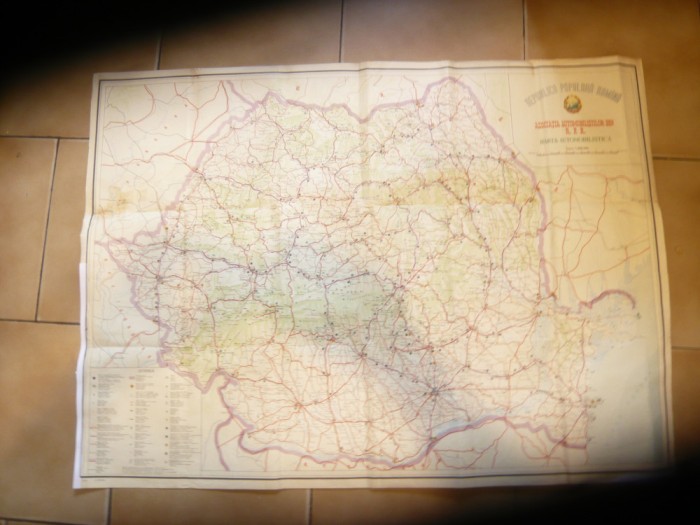 Harta Republica Populara Romania RPR - Asociatia Automobilistilor, 92x67cm
