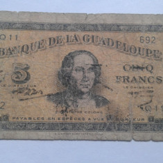Guadeloupe 5 Francs -ND(1942)-Foarte rara-UZATA