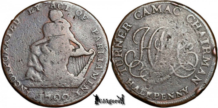 1792, &frac12; Penny - Dublin - Turner Camac - Regatul Irlandei