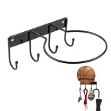 Suport de perete pentru mingi cu 4 c&acirc;rlige, fără foraj, suport din metal pentru fotbal, baschet, volei - Negru