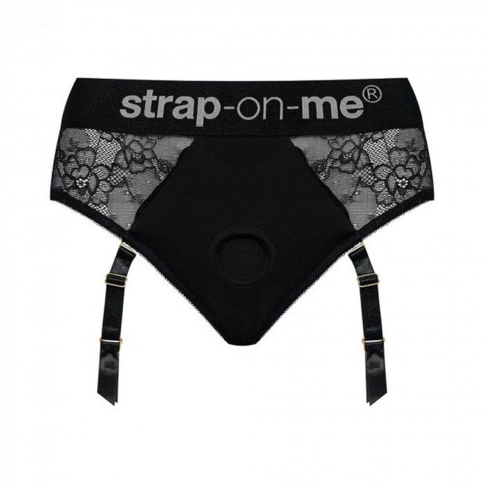 Chiloți sexy de dantelă cu ham pentru strap-on negru