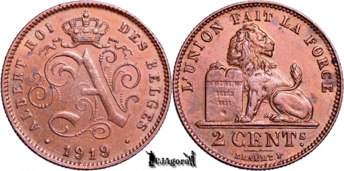 1919, 2 Centimes - Albert I - Regatul Belgiei - inscripție franceză