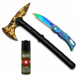 Cumpara ieftin Set topor Survivor, cutit de buzunar sirena si spray paralizant DEPOX&reg;,39 cm/15 cm/110 ml, husa inclusa
