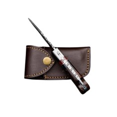 Cuțit de buzunar otel damasc, 17 cm, pliere cu blocare, m&acirc;ner din lemn, teacă piele inclusă