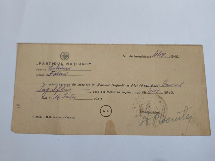 Recipisa la Cerere de inscriere in Partidul Natiunii 1940 / CD1P
