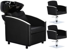 Set Scafă coafor profesională unitate de spălare model Cruz + 2 x scaune de coafură hidraulic pivotant pentru picioare și accesorii bol ceramic