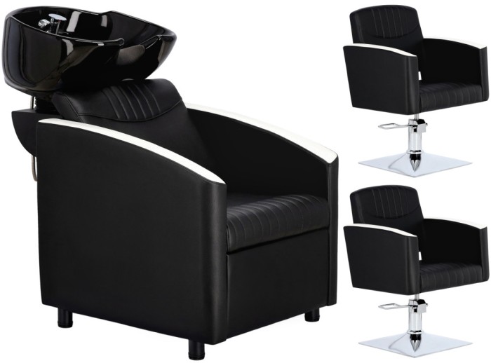 Set Scafă coafor profesională unitate de spălare model Cruz + 2 x scaune de coafură hidraulic pivotant pentru picioare și accesorii bol ceramic