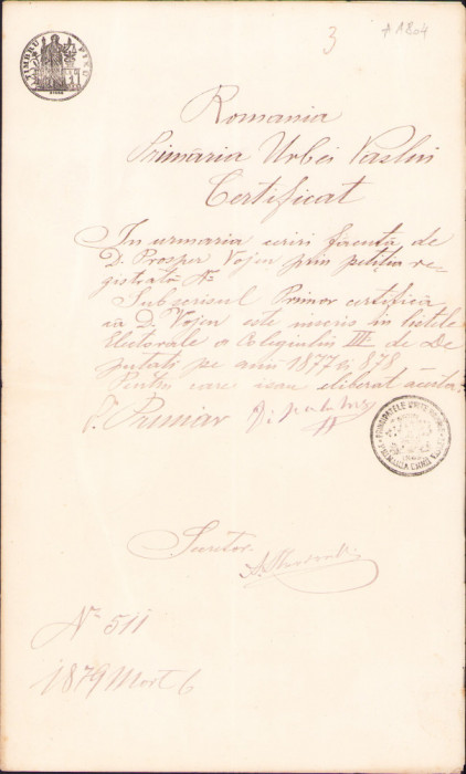 HST A2041 Certificat &icirc;nscriere listă electorală Vaslui 1879