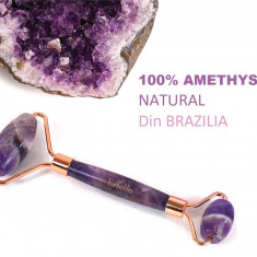 Amethyst Roller By Erfello, pentru masaj facial și corporal, Amethyst Quartz