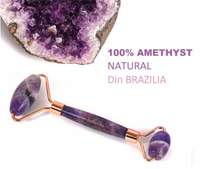 Amethyst Roller By Erfello, pentru masaj facial și corporal, Amethyst Quartz foto