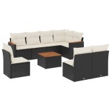 Set mobilier de gradina cu perne, 9 piese, negru, poliratan