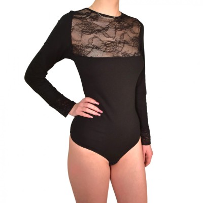 Body cu maneca lunga din bumbac si dantela BO425 - L - Negru - Clasic foto