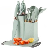 Set ustensile de bucatarie, cu 19 piese si suport, cu maner antialunecare si lama din otel inoxidabil, cu planseta de tocat inclusa, verde