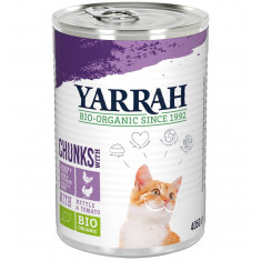 Hrana umeda bio pentru pisici, bucati de pui si curcan cu urzica si tomate, 405g Yarrah