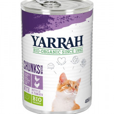 Hrana umeda bio pentru pisici, bucati de pui si curcan cu urzica si tomate, 405g Yarrah