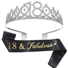 Set 2 Piese pentru Majorat, Cyrax, 15 x 13 x 5 cm, Coronita Printesa Silver si Panglica 18&amp;Fabulous, Negru
