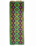 Covor runner traditional vintage din l&acirc;nă 460&times;169 cm, țesut la război (scoarță/kilim), verde intens, model geometric folk